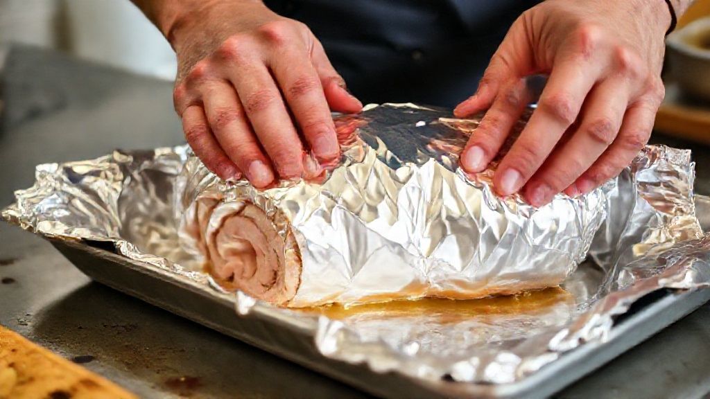Mãos cobrindo o rocambole com papel-alumínio antes de levar ao forno