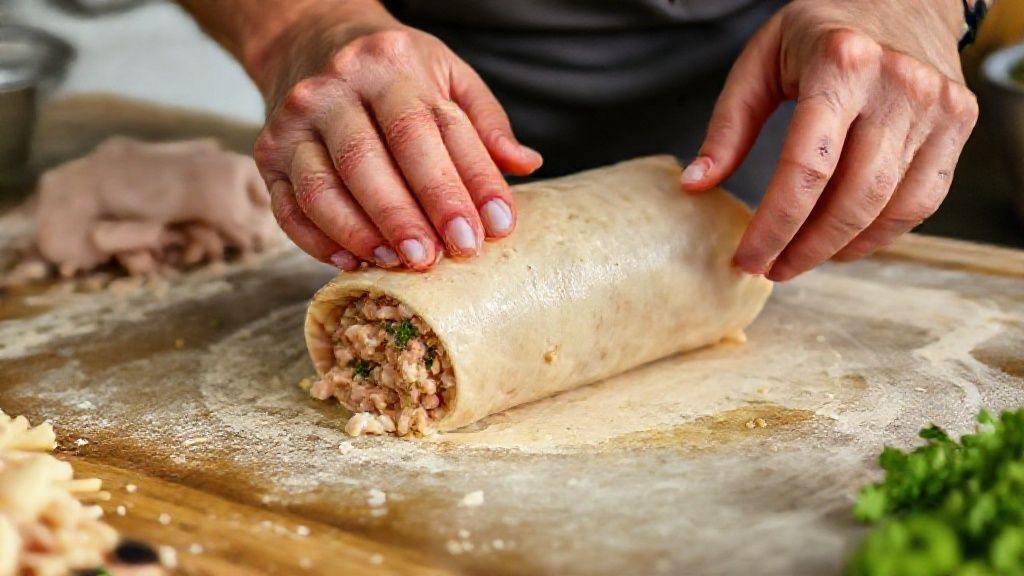 Mãos espalhando o frango e enrolando o rocambole com recheio de queijo e presunto