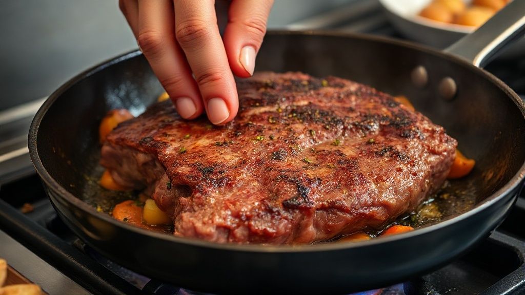 Mãos selando a carne dourada na frigideira antes de assar, mostrando a técnica do preparo.