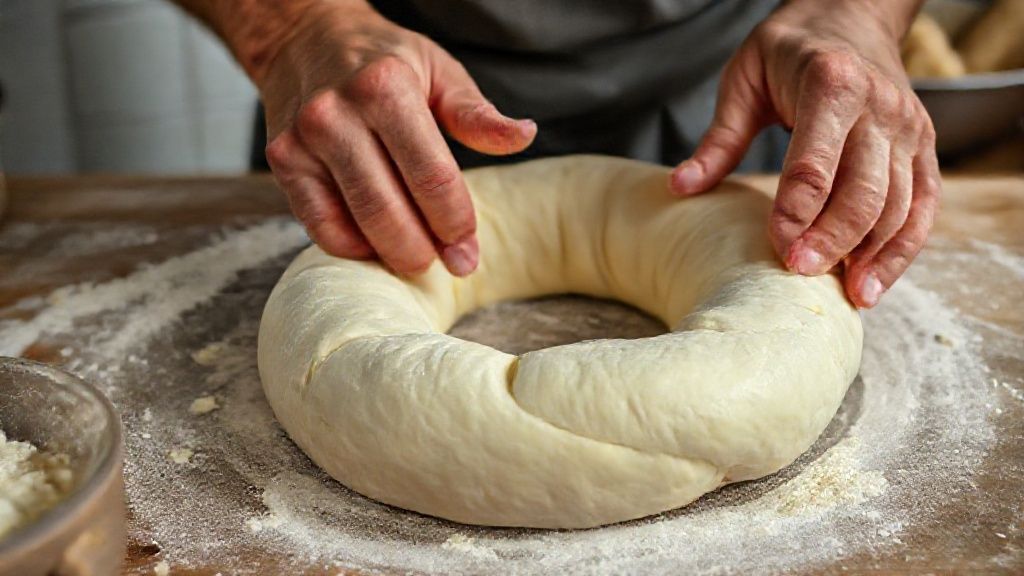 Mãos misturando a massa elástica da rosca de pão de queijo em uma tigela.