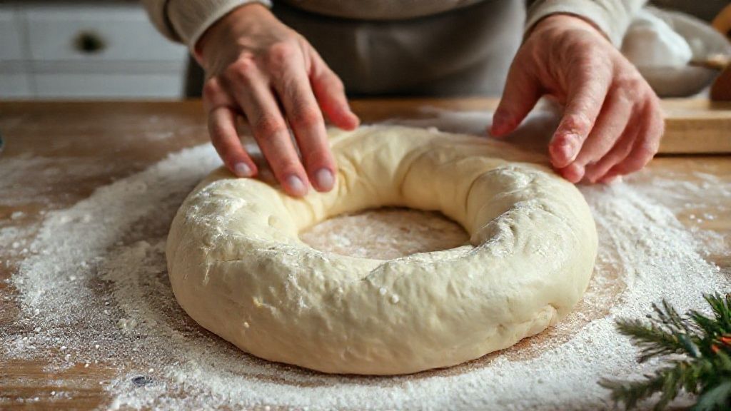 Mãos sovando a massa da rosca doce de Natal em um momento importante do preparo