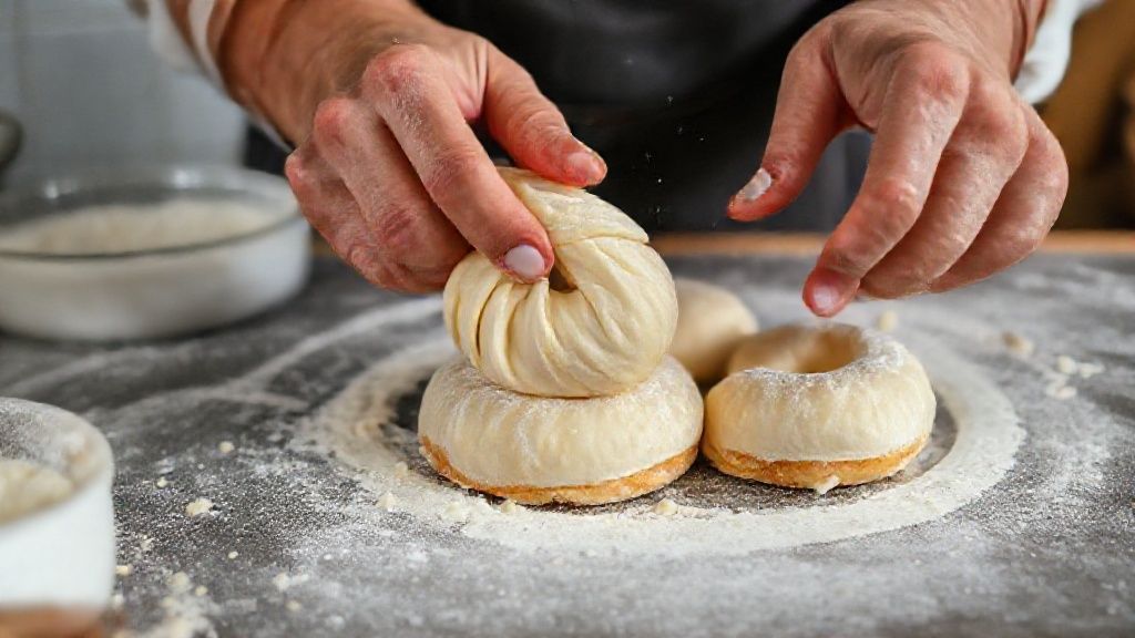 Mãos modelando e trançando a massa da rosquinha de leite ninho antes de assar.