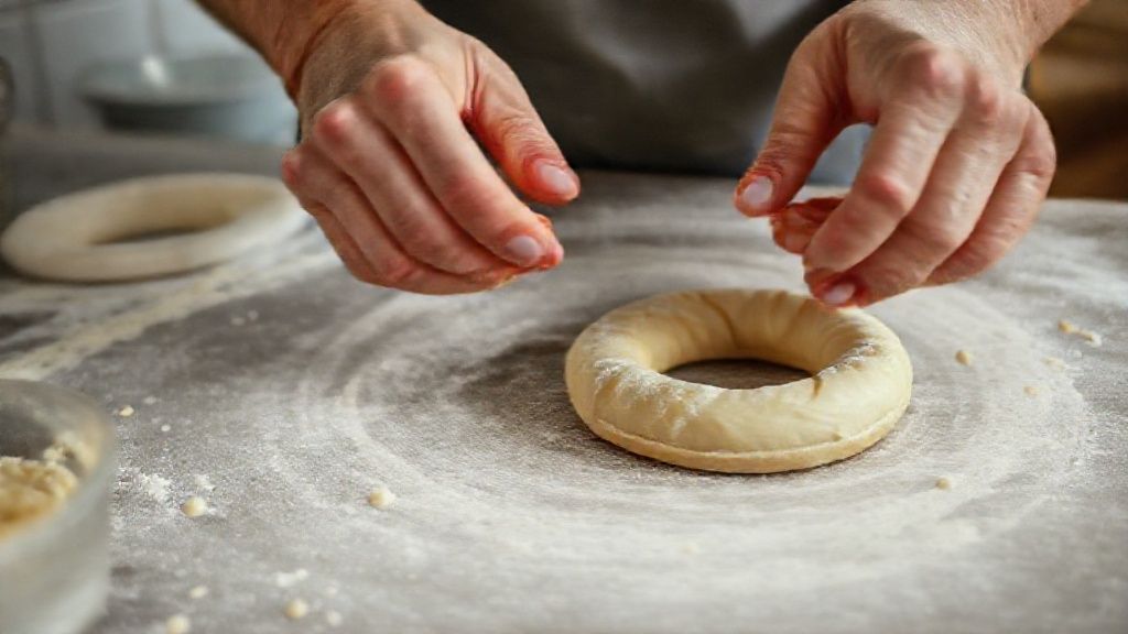 Mãos moldando as rosquinhas sobre a bancada com massa fresca