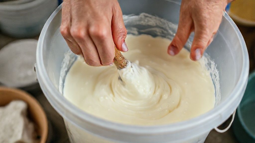 Mãos mexendo a mistura de sabão em um balde plástico durante a saponificação