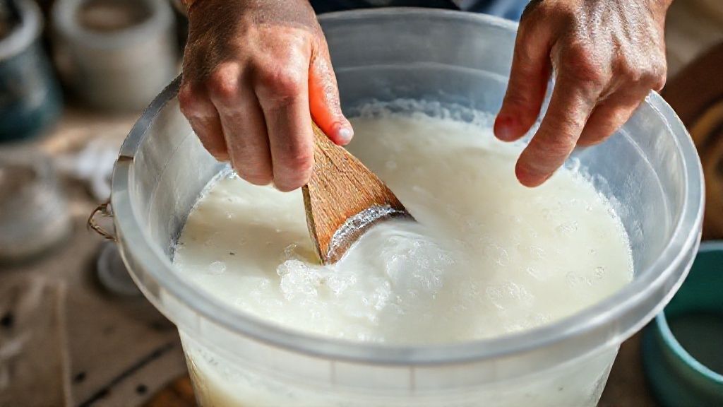 Mãos usando uma pá de madeira para mexer a mistura de sabão em um balde durante o preparo