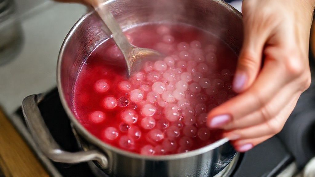 Mãos mexendo o sagu enquanto cozinha com vinho tinto em panela, soltando aroma intenso e cor viva