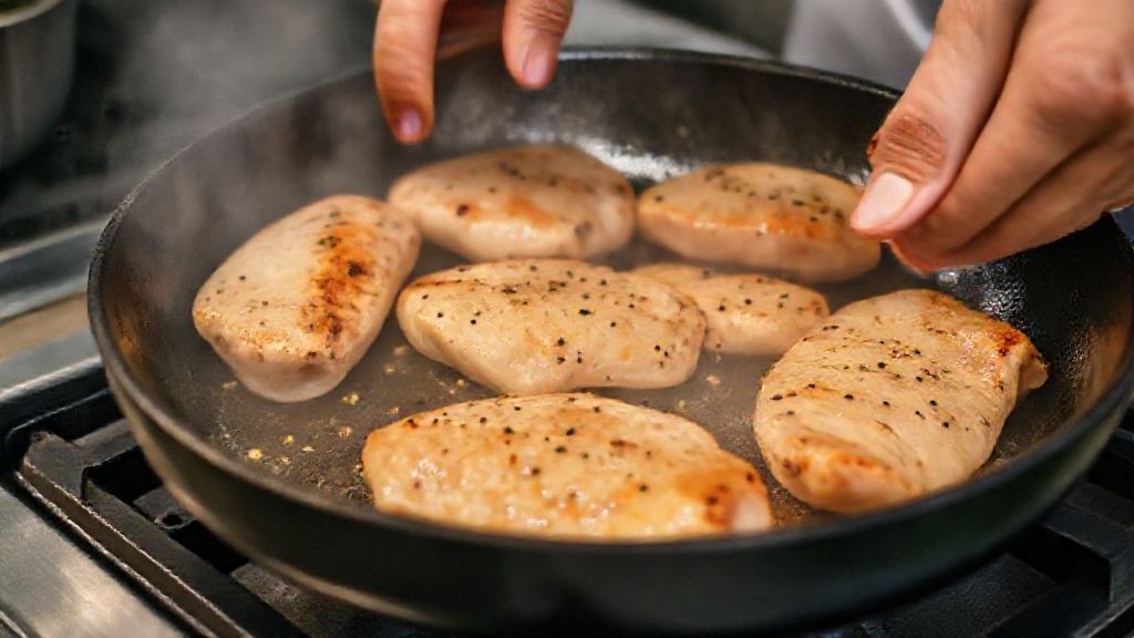Mãos grelhando o frango na frigideira durante o preparo da salada