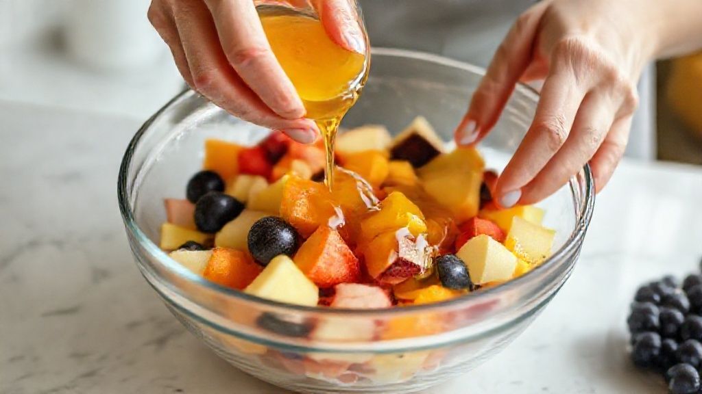 Mãos misturando frutas cortadas com calda de mel e suco de laranja em tigela de vidro