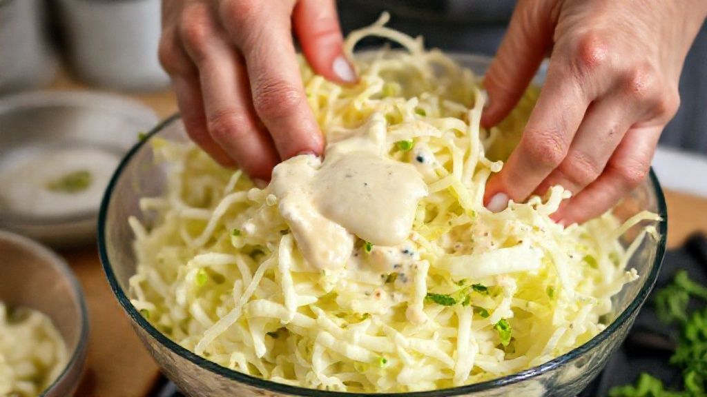 Mãos misturando o repolho fatiado com o molho cremoso em uma tigela grande