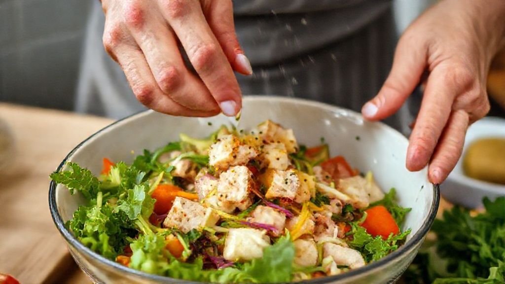 Mãos em ação misturando os vegetais com azeite e temperos em uma tigela grande