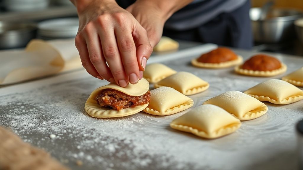 Mãos modelando a massa e recheando os salgados antes de levar ao forno.