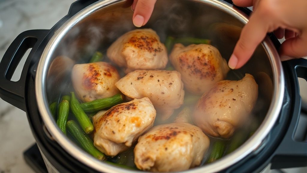 Mãos dourando as sobrecoxas na panela de pressão, com vapor leve subindo e vegetais coloridos ao redor.