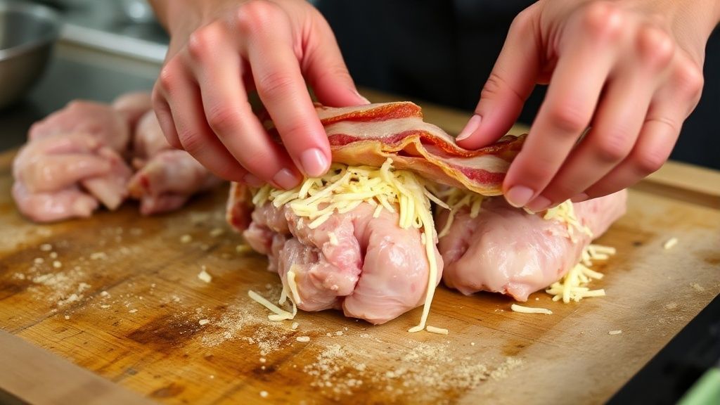Mãos recheando e enrolando as sobrecoxas com bacon e queijo antes de levar ao forno