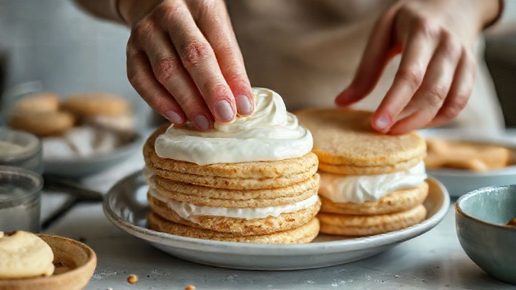 Mãos montando camadas de biscoitos e creme com café em refratário de vidro.