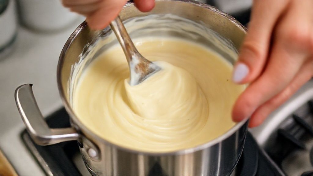 Mãos preparando o creme branco em panela e mexendo até atingir consistência cremosa