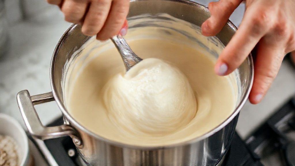 Mãos em ação mexendo o creme de leite ninho em panela durante o preparo