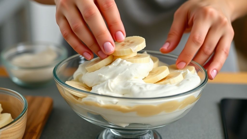 Mãos montando camadas de creme e banana em uma travessa de vidro durante o preparo