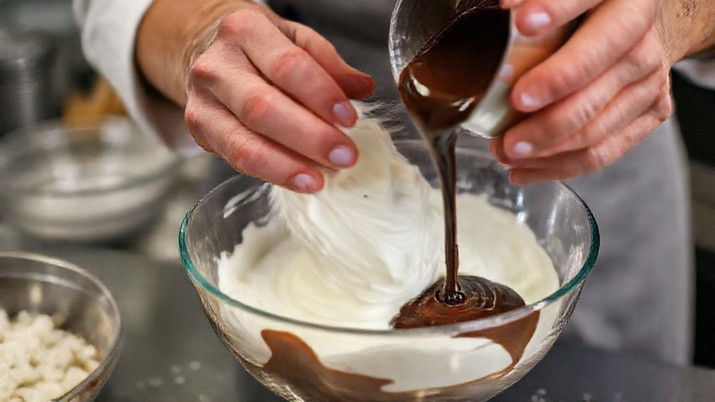 Mãos misturando o creme de coco e despejando a ganache de chocolate sobre a sobremesa em travessa