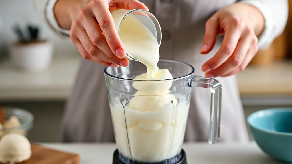 Mãos adicionando gelatina dissolvida ao liquidificador com os ingredientes da sobremesa sem fogo