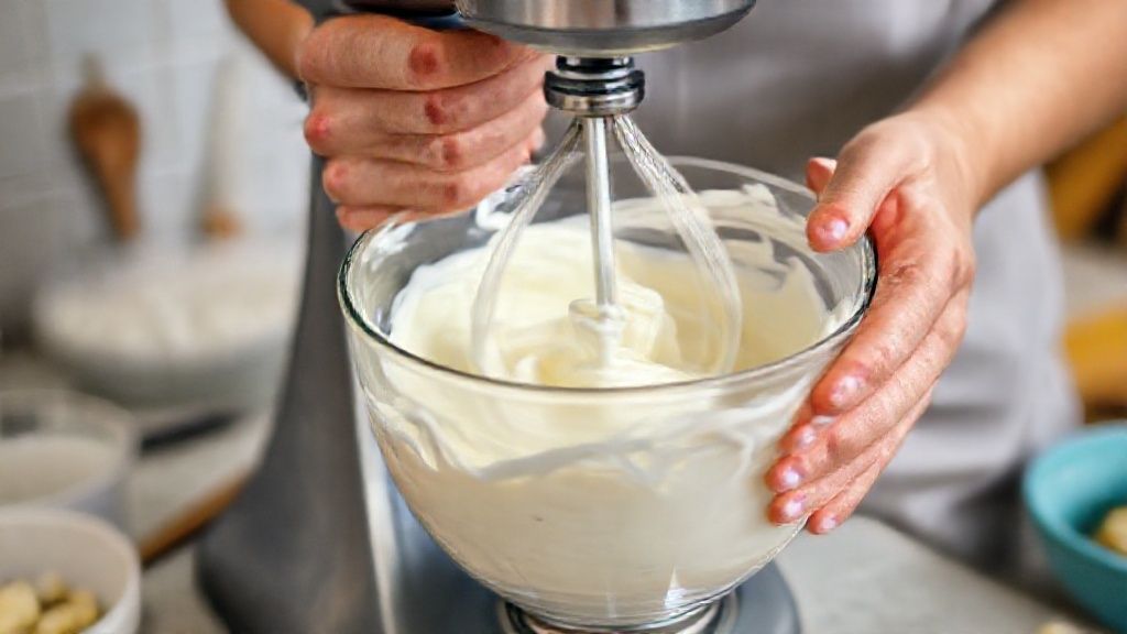 Mãos batendo a mistura cremosa na batedeira, destacando a textura leve e espumosa do sorvete durante o preparo.