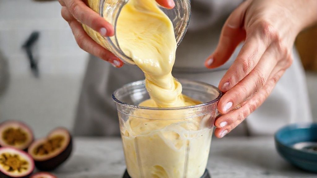 Mãos despejando a mistura cremosa do liquidificador em um pote antes de congelar