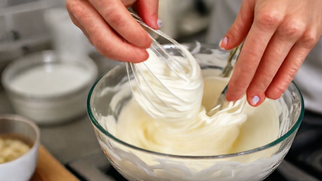 Mãos misturando creme batido com leite condensado em tigela fria durante o preparo do sorvete.