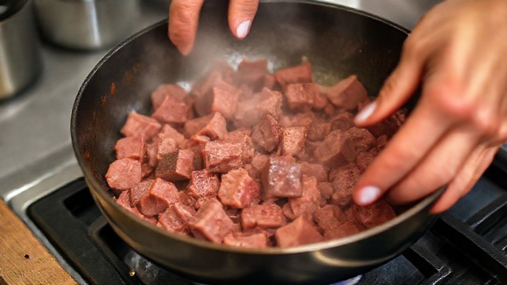 Mãos em ação dourando a carne em uma panela durante o preparo do strogonoff