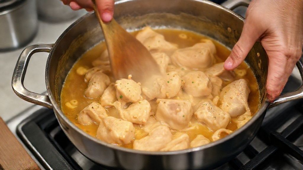 Mãos refogando frango em panela com molho, mostrando passo crucial do preparo