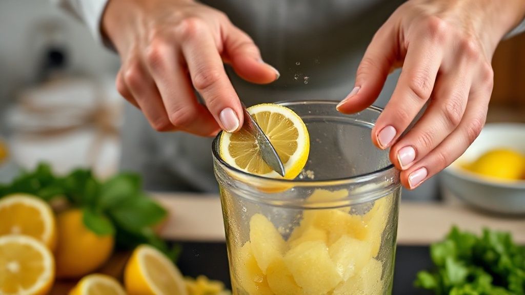 Mãos cortando limões e preparando o liquidificador no processo da receita