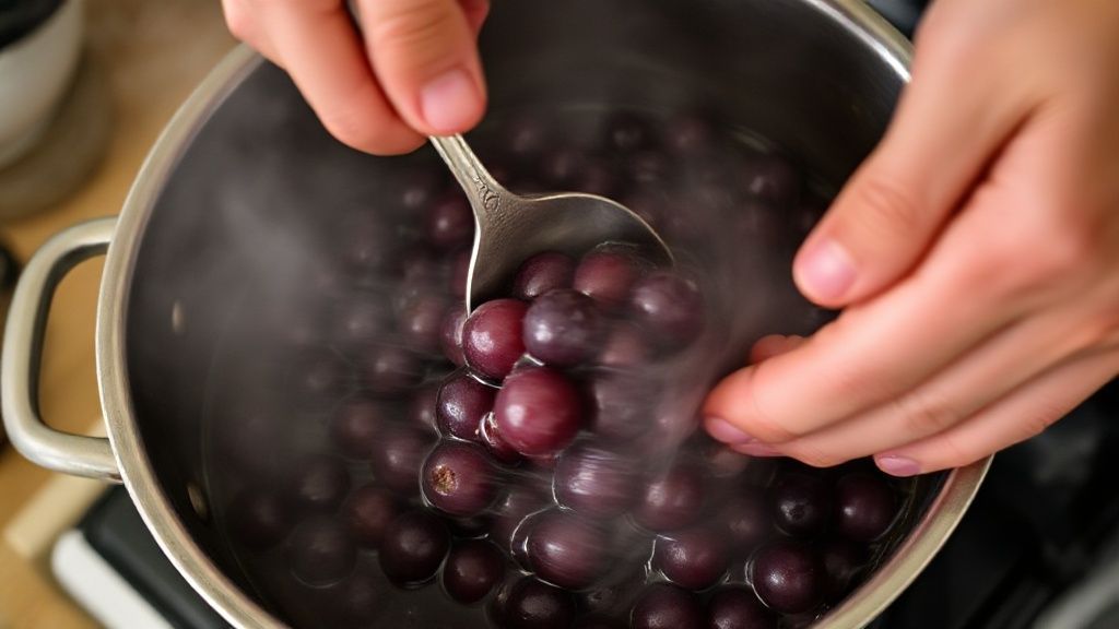 Mãos espremendo uvas cozidas com colher em panela, extraindo o suco