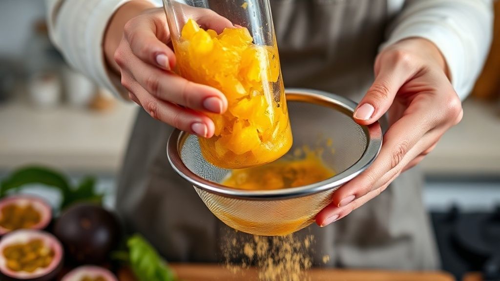 Mãos batendo a polpa de maracujá no liquidificador e coando o suco em peneira