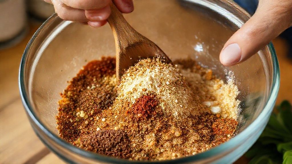 Mãos misturando as especiarias em uma tigela de vidro com uma colher de madeira