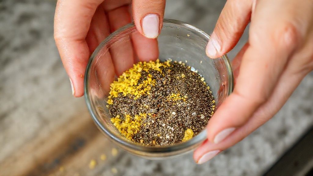 Mãos misturando raspas secas e pimenta em tigela, passo do preparo do tempero