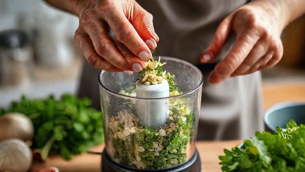 Mãos adicionando ingredientes ao processador para preparar o tempero pega marido