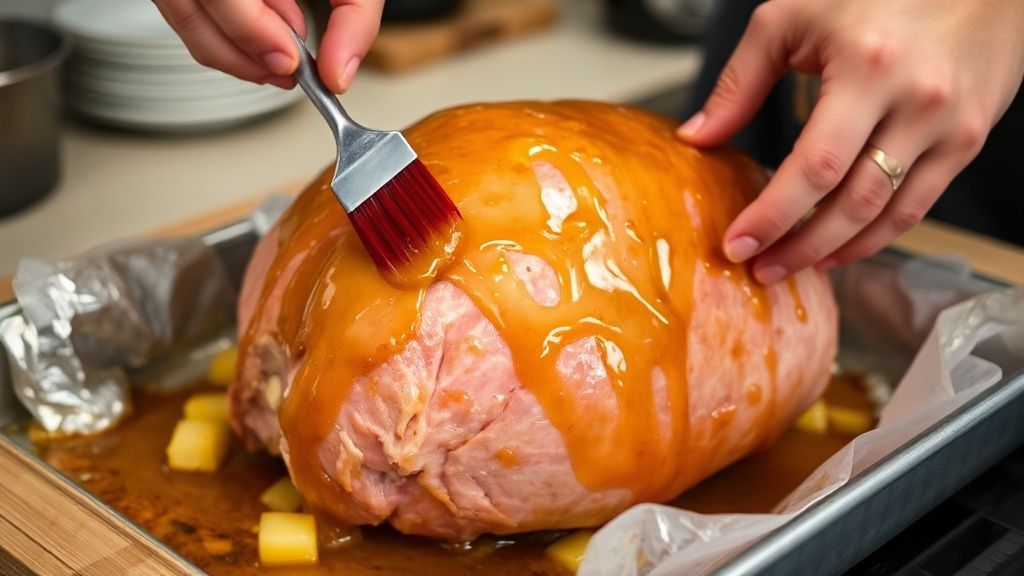 Mãos pincelando o tender com molho de mel e suco de abacaxi antes de levar ao forno