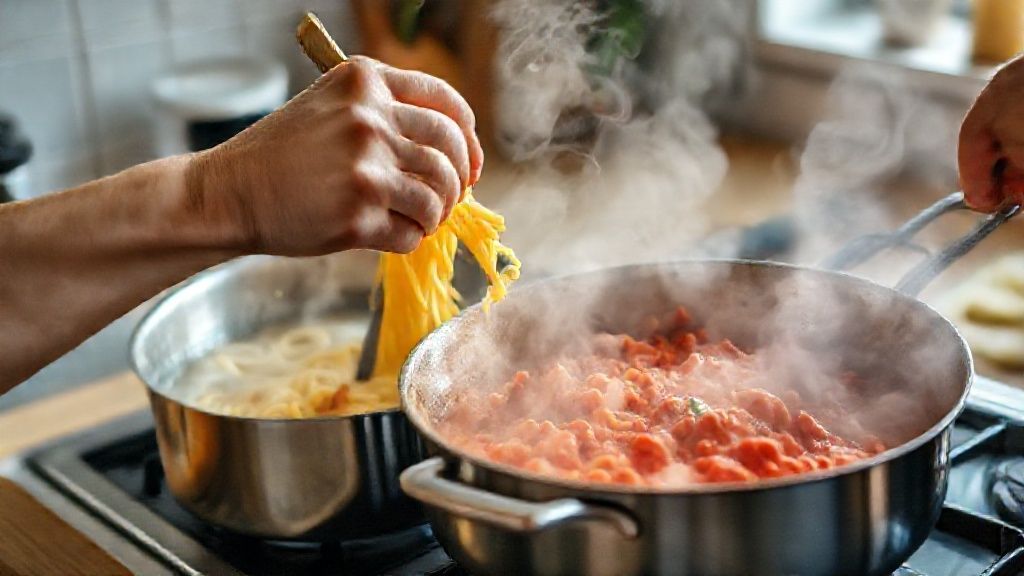 Mãos mexendo o macarrão na panela e preparando o molho de tomate em uma frigideira ao lado.
