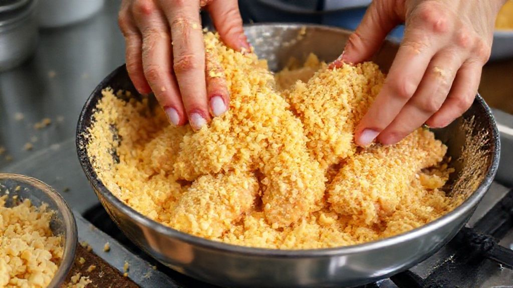 Mãos empanando as tiras de frango com flocos de milho em tigela, mostrando o processo