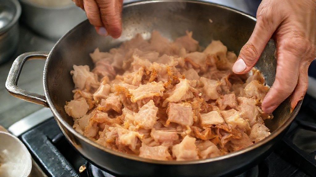 Mãos mexendo o toucinho na panela durante a fritura inicial