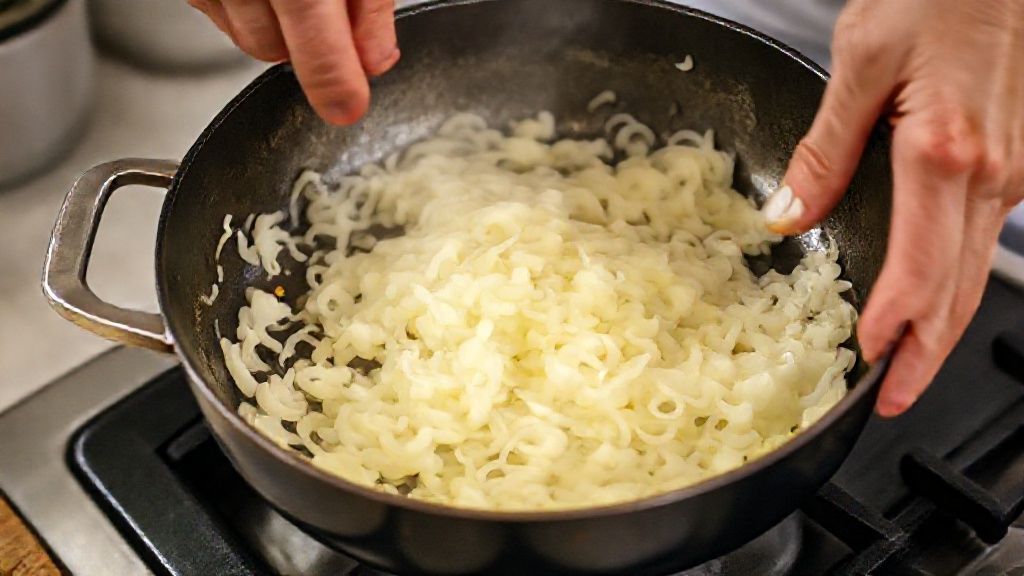 Mãos em ação refogando cebolas douradas em frigideira durante o preparo da torta