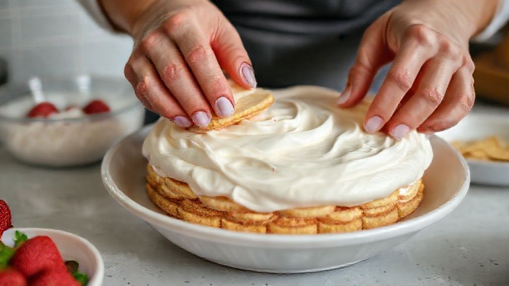 Mãos em ação montando as camadas da torta de bolacha com creme e morangos