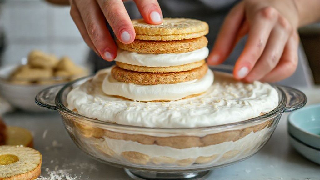 Mãos em ação montando camadas da torta, alternando creme e bolachas em um refratário