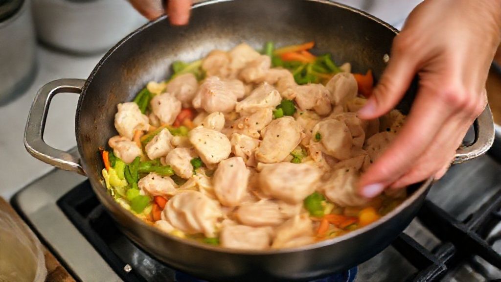 Mãos em ação refogando frango e legumes durante o preparo da torta