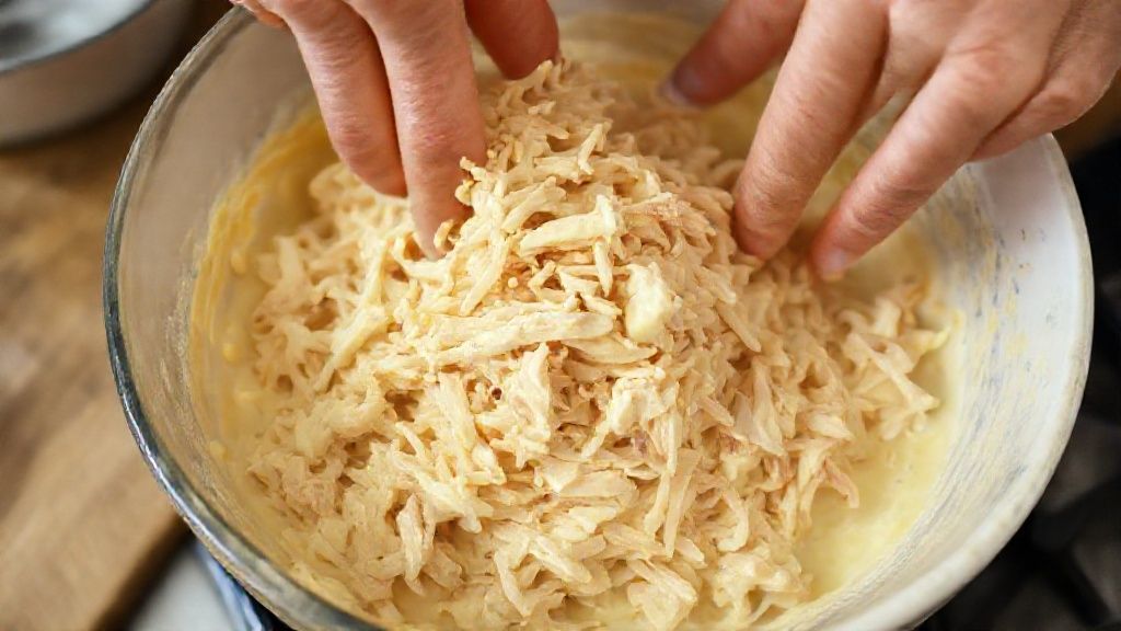 Mãos misturando o recheio cremoso de frango em uma tigela durante o preparo da receita