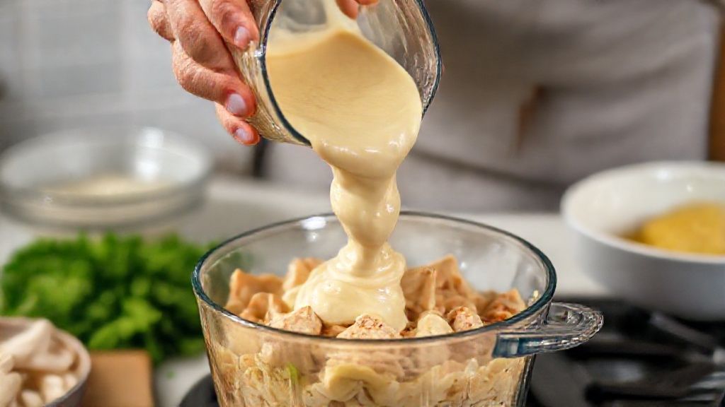 Mãos em ação despejando a massa do liquidificador sobre o recheio de frango na forma