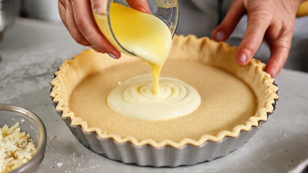 Mãos despejando o creme de limão sobre a base de bolacha em forma de fundo removível
