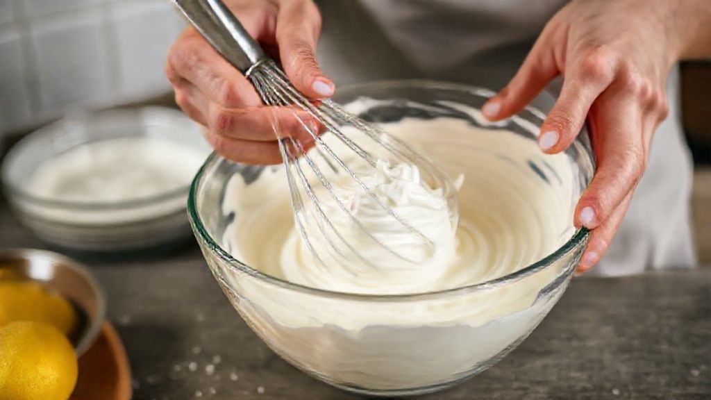 Mãos batendo o merengue em uma tigela durante o preparo da torta de limão