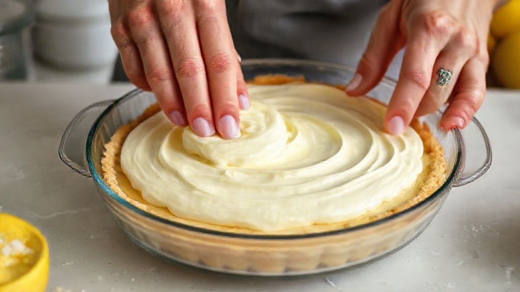 Mãos espalhando a mousse cremosa de limão sobre a base de biscoito em uma travessa.