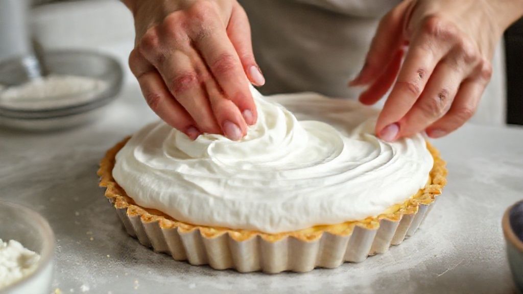 Mãos espalhando o merengue sobre a torta de limão antes de dourar