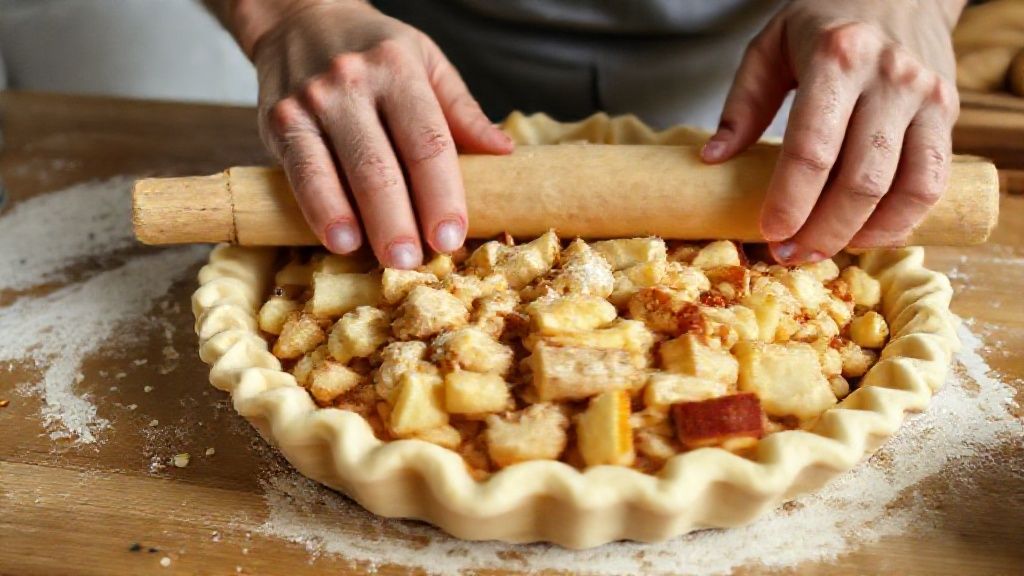 Mãos abrindo a massa e preenchendo a torta com o recheio de maçãs caramelizadas