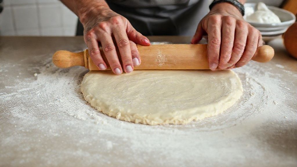 Mãos abrindo a massa sobre uma superfície enfarinhada durante o preparo da torta de maçã.